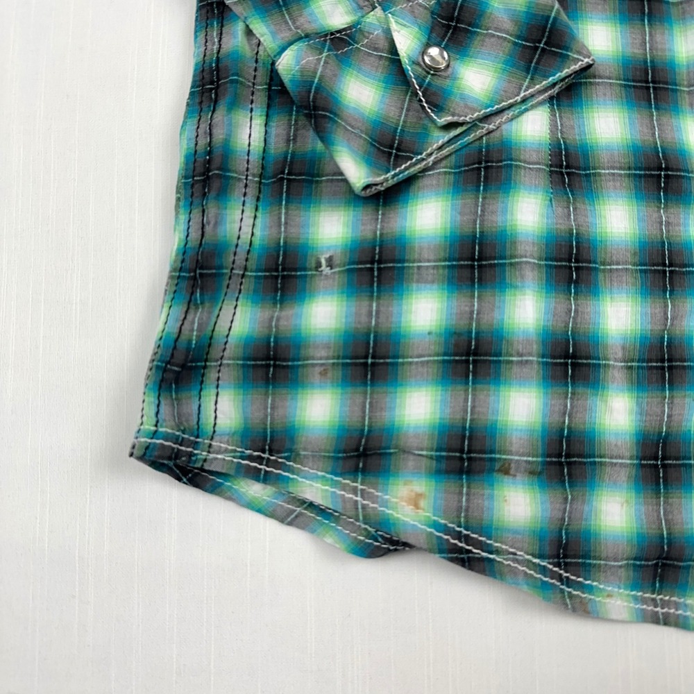 Rock 47 by Wrangler Womens Green Plaid Embroidered Rhinestone Snap Shirt Large - Picture 4 of 9